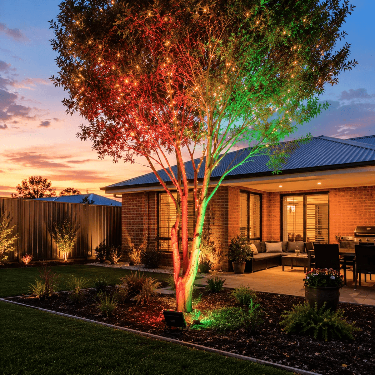 An rgb solar outdoor flood light australia installation split-lighting a residential backyard tree in festive red and green shades near an outdoor alfresco patio dining area.