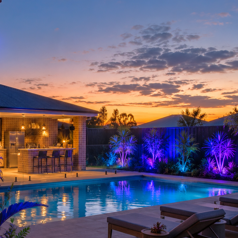 An rgb solar outdoor flood light australia installation illuminating a luxury poolside entertaining area, casting blue and purple uplighting onto palm trees next to an outdoor bar under a sunset sky.