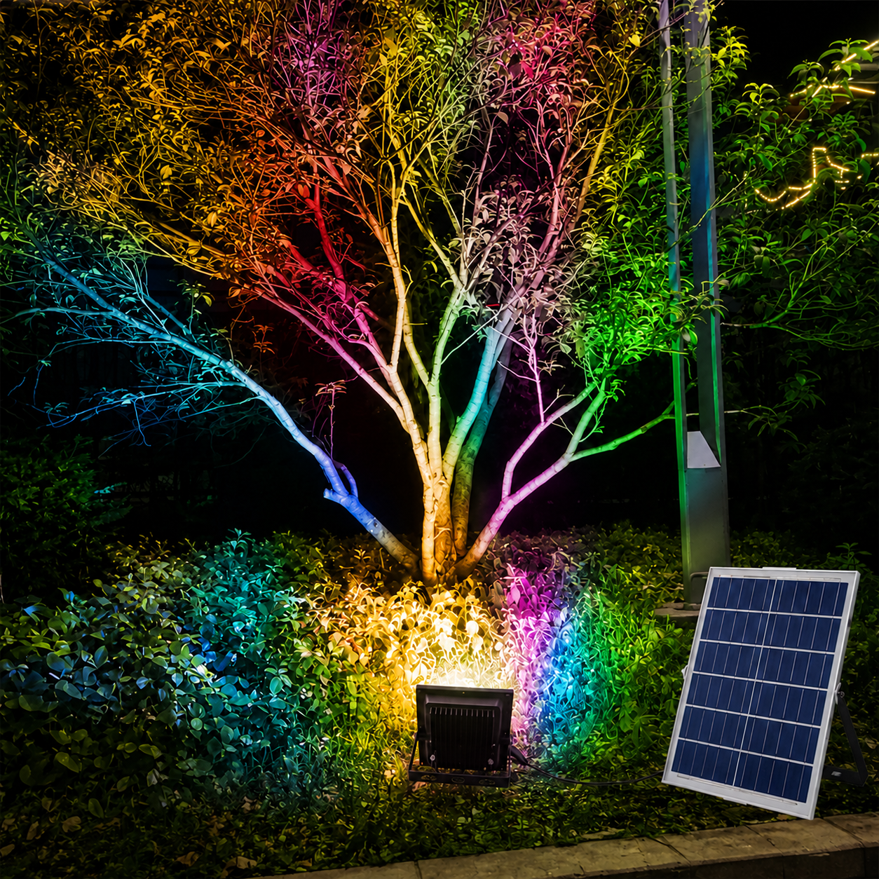 An rgb solar powered flood light positioned at the base of a garden tree to create dramatic multi-color uplighting across branches and surrounding landscape foliage.