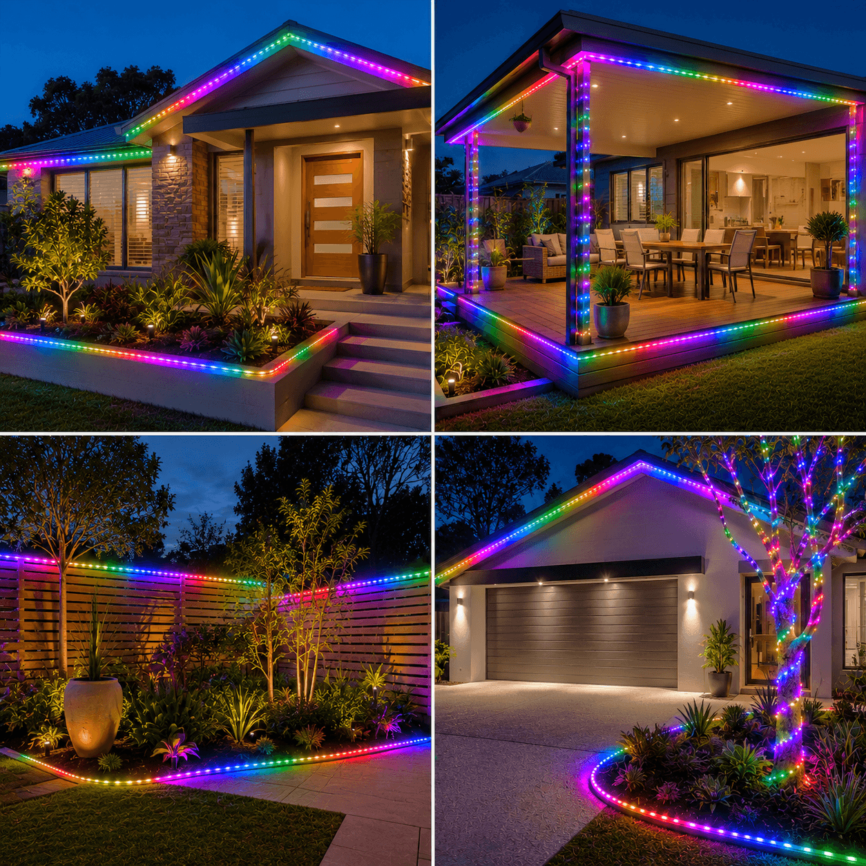 A four-panel layout featuring an RGB solar strip light illuminating an outdoor alfresco dining deck, front porch steps, backyard timber fences, and decorative garden beds at night.