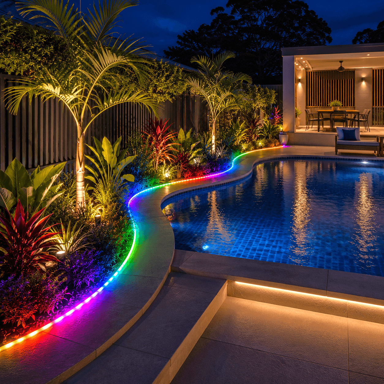 A vibrant RGB solar strip light glowing in multi-colour mode along the curved edge of a backyard swimming pool and tropical palm tree garden landscape at night.
