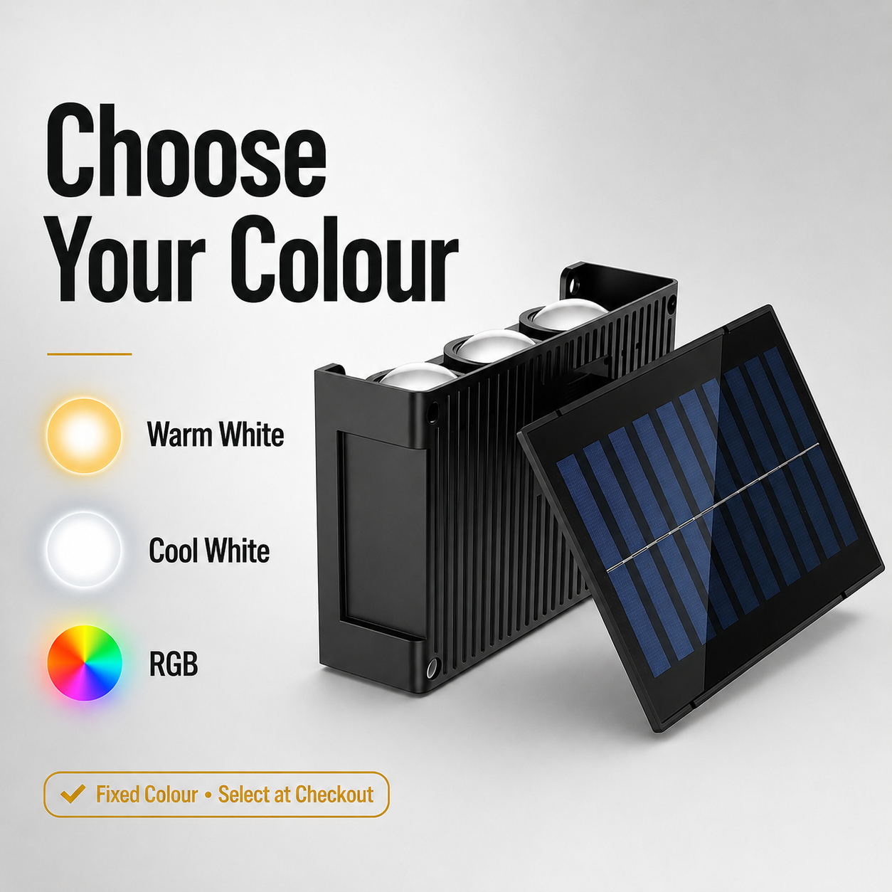 Outdoor RGB solar wall lights option graphic showing available fixed colours including warm white and cool white select at checkout.
