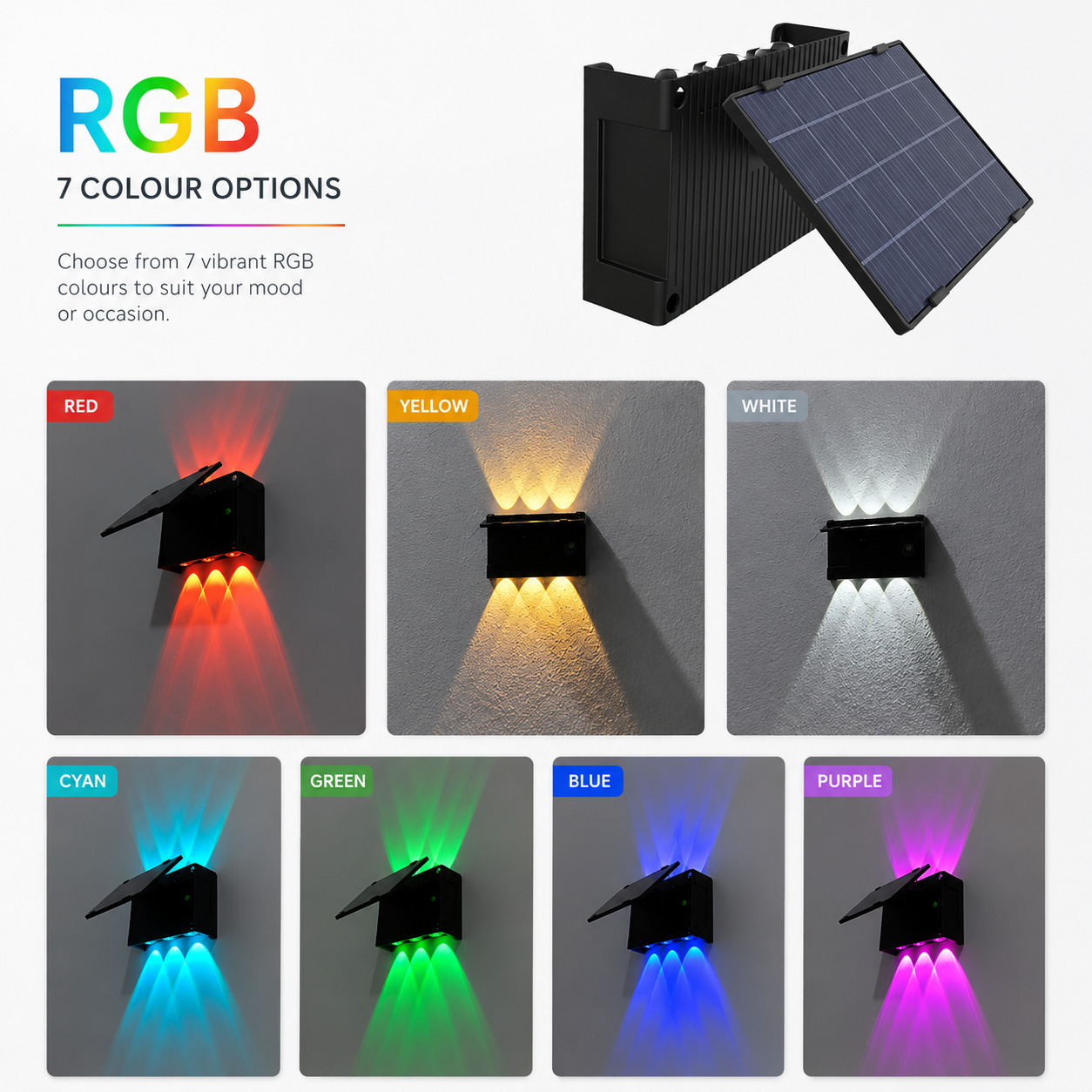 RGB solar wall lights up and down showing 7 colour options including red, yellow, cyan, green, blue, and purple for outdoor party lighting in Australia.