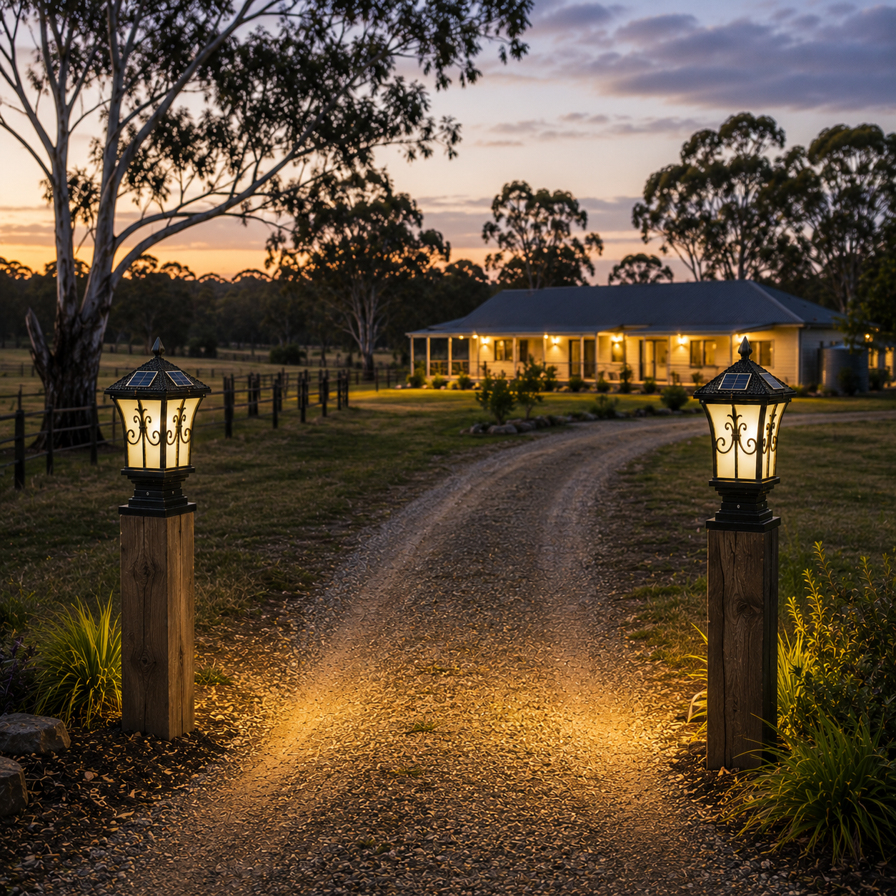 A pair of heritage coach lamps illuminating a gravel driveway entrance on timber posts at sunset, demonstrating an off-grid solar pillar light australia solution for regional and acreage properties.