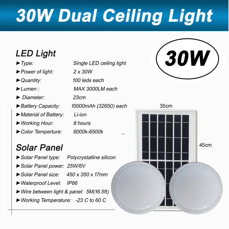 Dual Solar Ceiling Lights Sensor or Remote Control Indoor Outdoor All Night Light