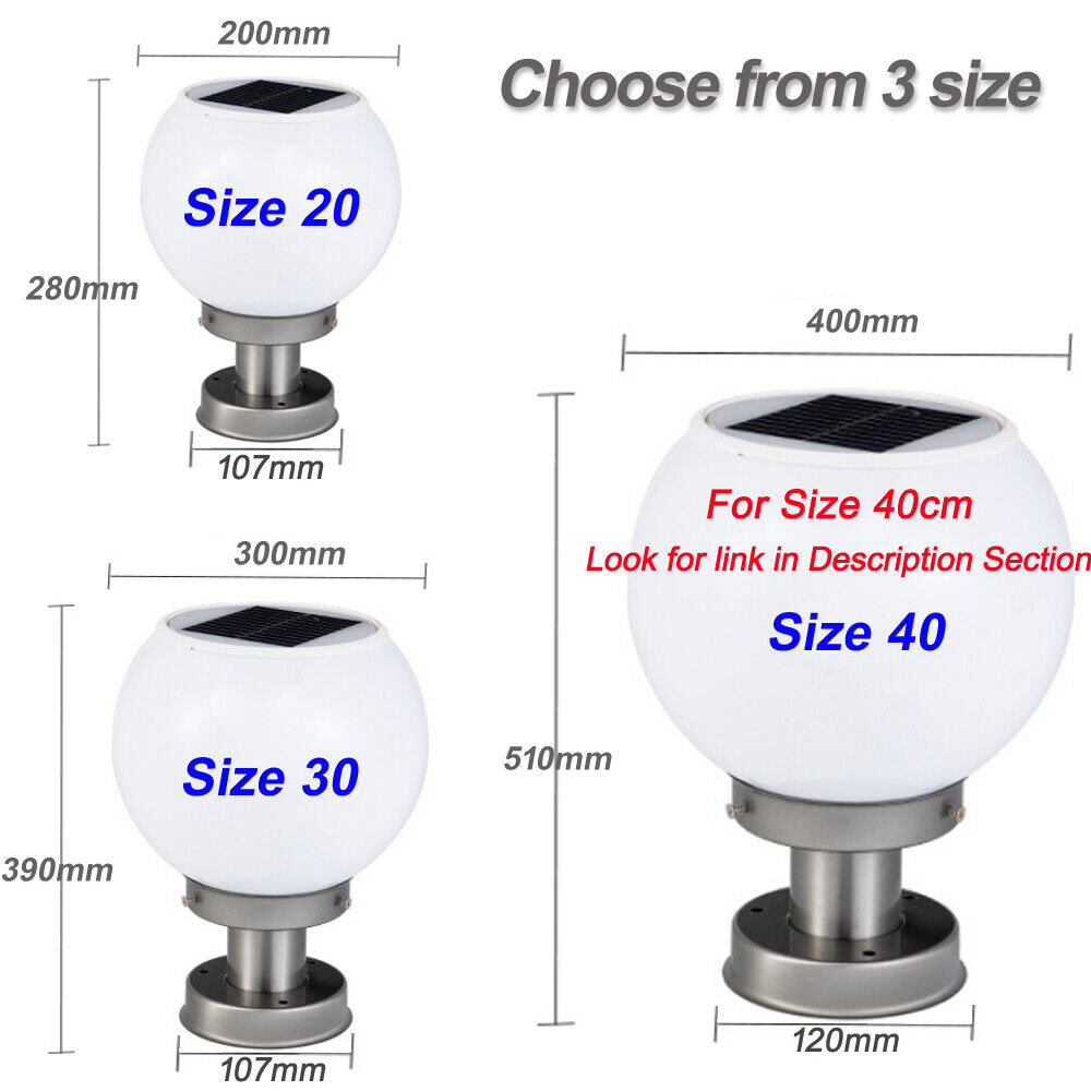 Solar Post Sphere Global Light Spherical Pillar Light Lantern Ball shape 20/30cm