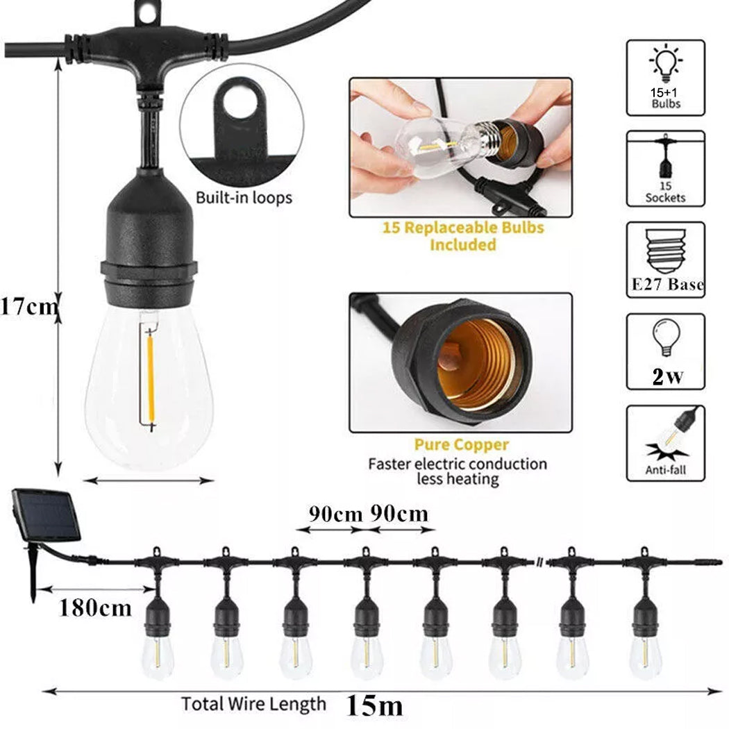 Technical dimensions diagram for s14 led filament bulb string lights detailing the 15m total wire length, 90cm spacing, E27 pure copper base sockets, and 2W shatterproof design for Australian backyards