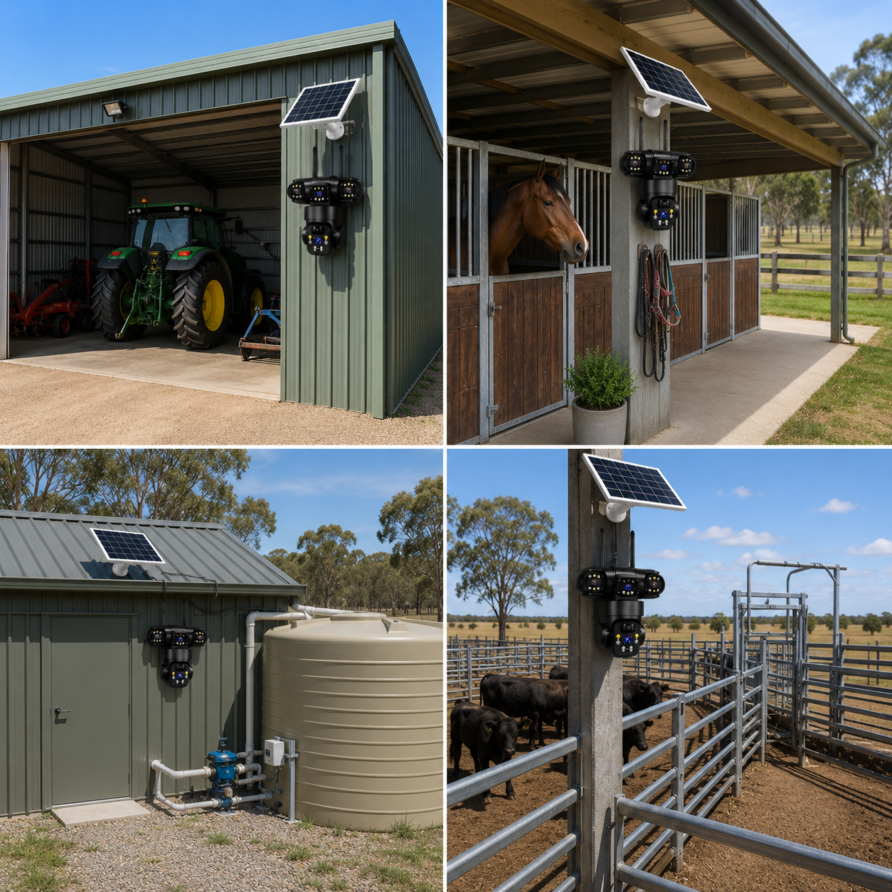 Examples of a solar security camera installed on a machinery shed with a tractor, a horse stable barn pillar, an outbuilding wall near a rainwater storage tank, and a timber post monitoring cattle yards in Australia.