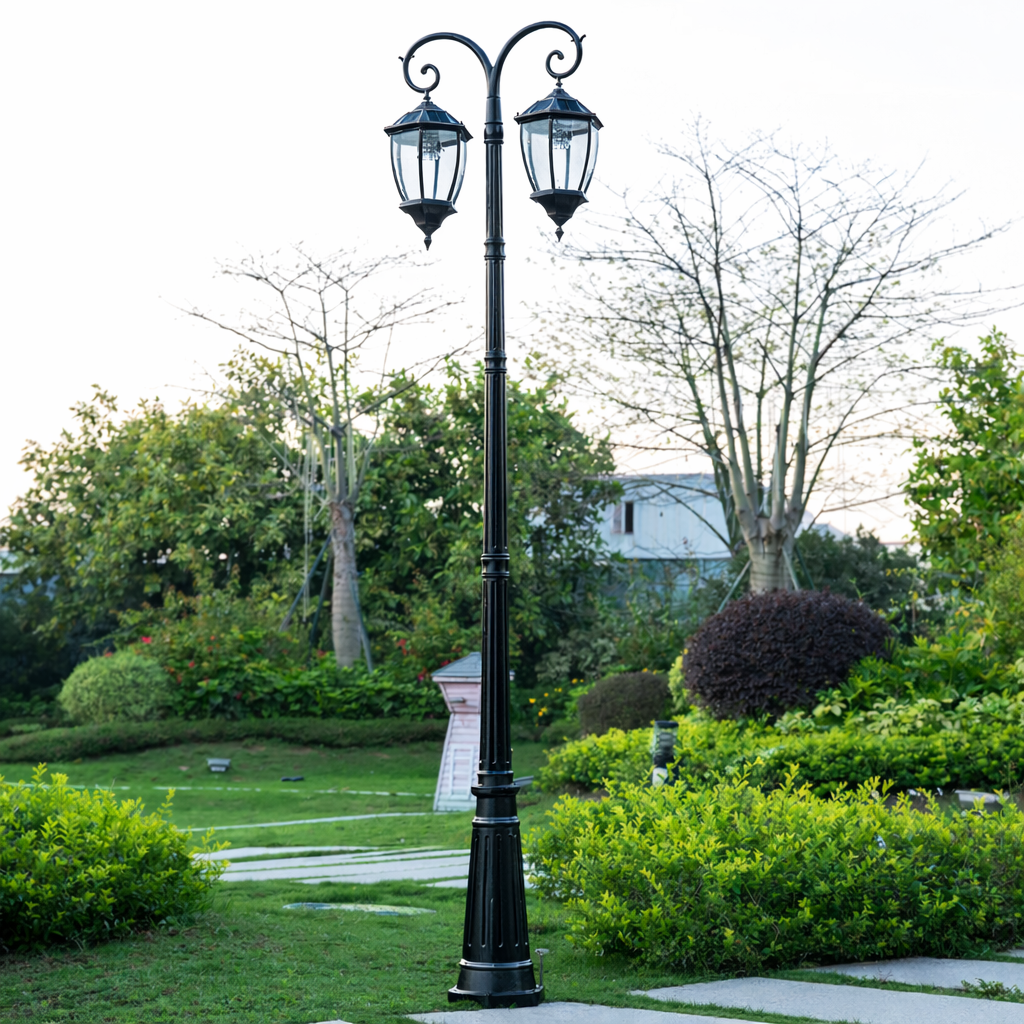 Victorian Dual-Head Solar Street Light – Classic Black Vintage Lamp Post Glass