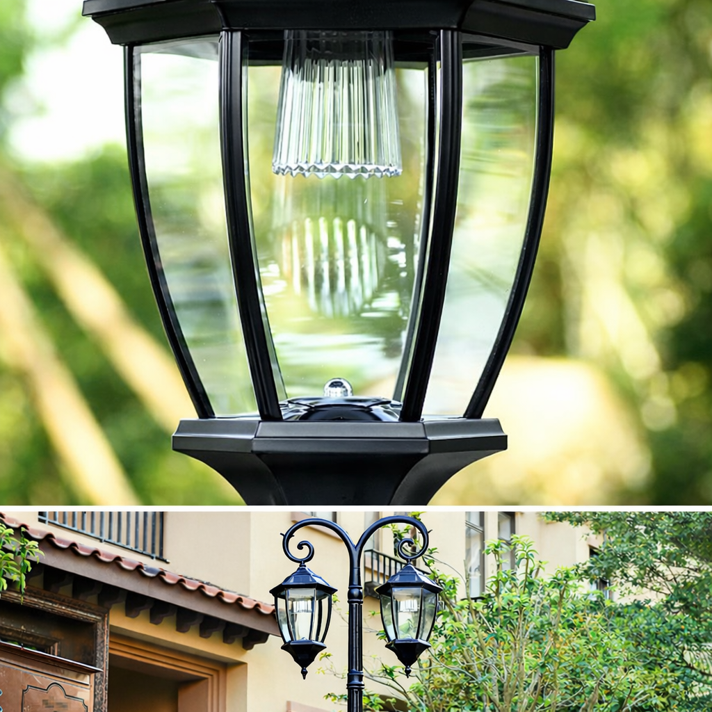 Victorian Dual-Head Solar Street Light – Classic Black Vintage Lamp Post Glass