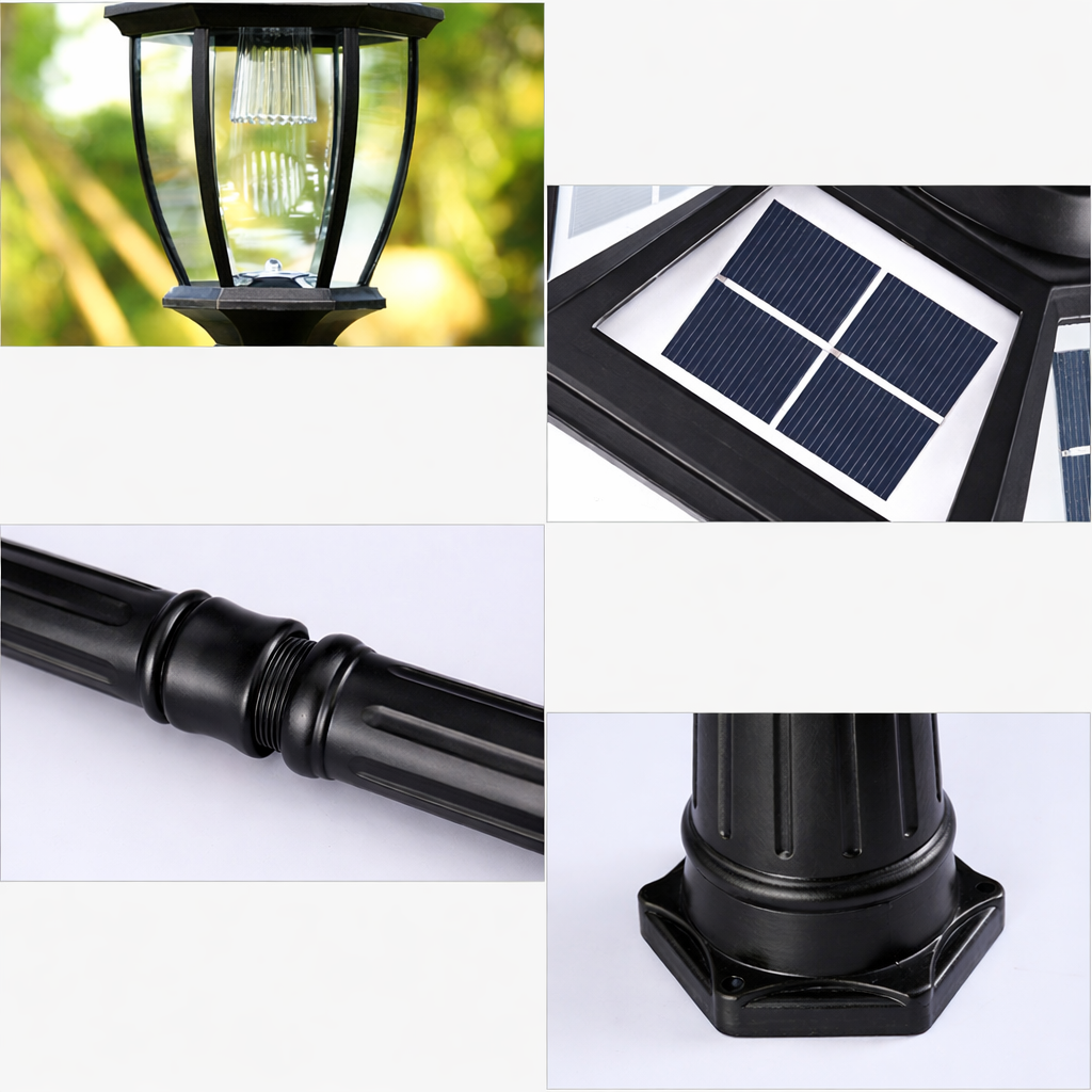 Victorian Dual-Head Solar Street Light – Classic Black Vintage Lamp Post Glass