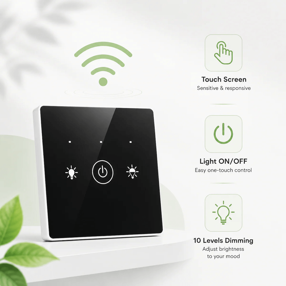 Infographic for a smart diy solar skylight wireless controller showing a sensitive touch screen panel with light ON/OFF power control and 10 levels of dimming adjustments for custom room brightness.