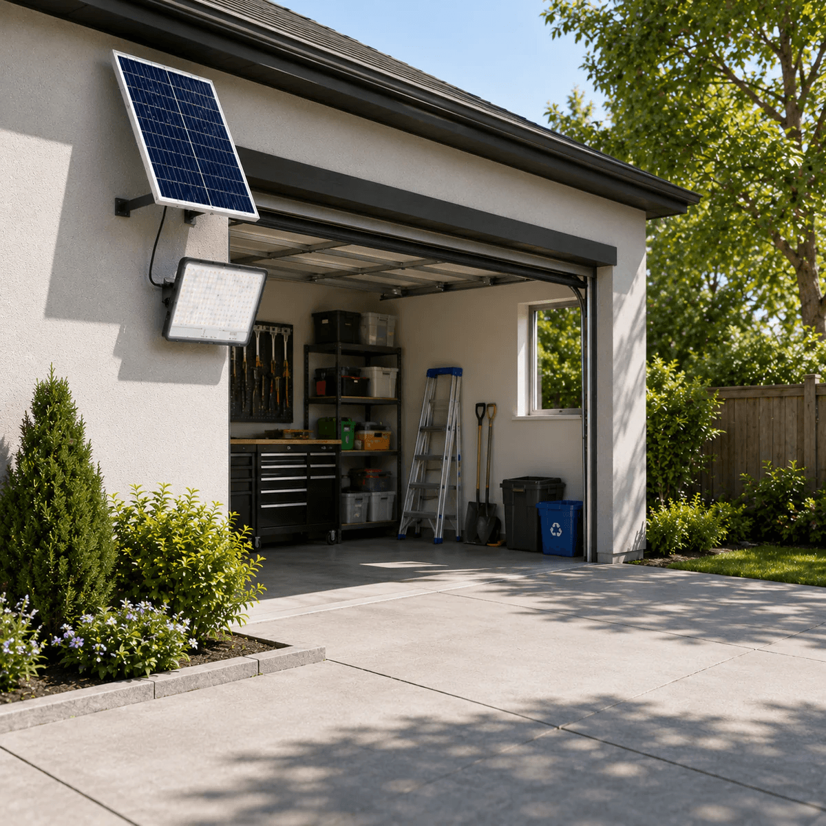 SMD 2835 LED solar flood light mounted on a house exterior wall illuminating an open garage workshop and driveway.
