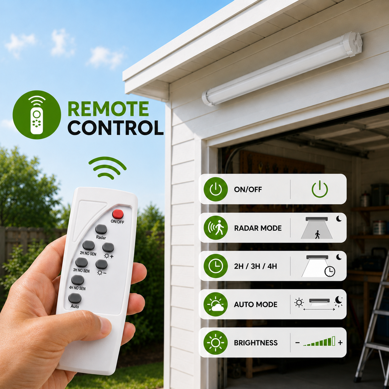 Wireless remote control options for a solar batten light highlighting radar mode, timer settings, auto mode, and brightness levels.