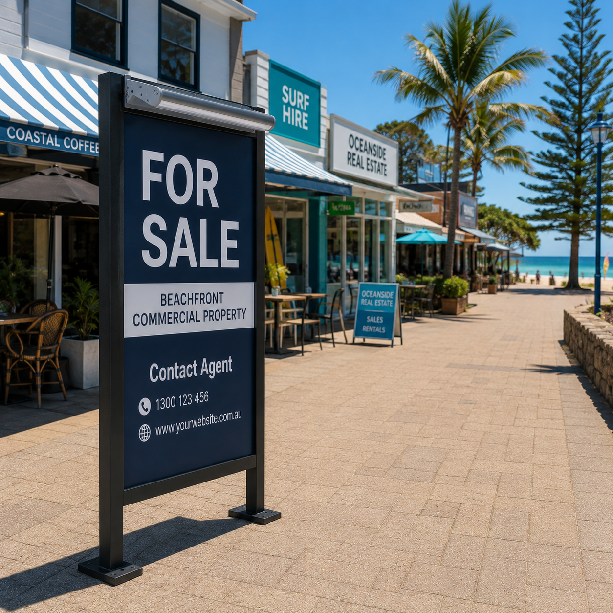 A sleek 60cm solar billboard light bar sits mounted to a prominent commercial for sale board along an outdoor beachfront shopping strip in Australia.