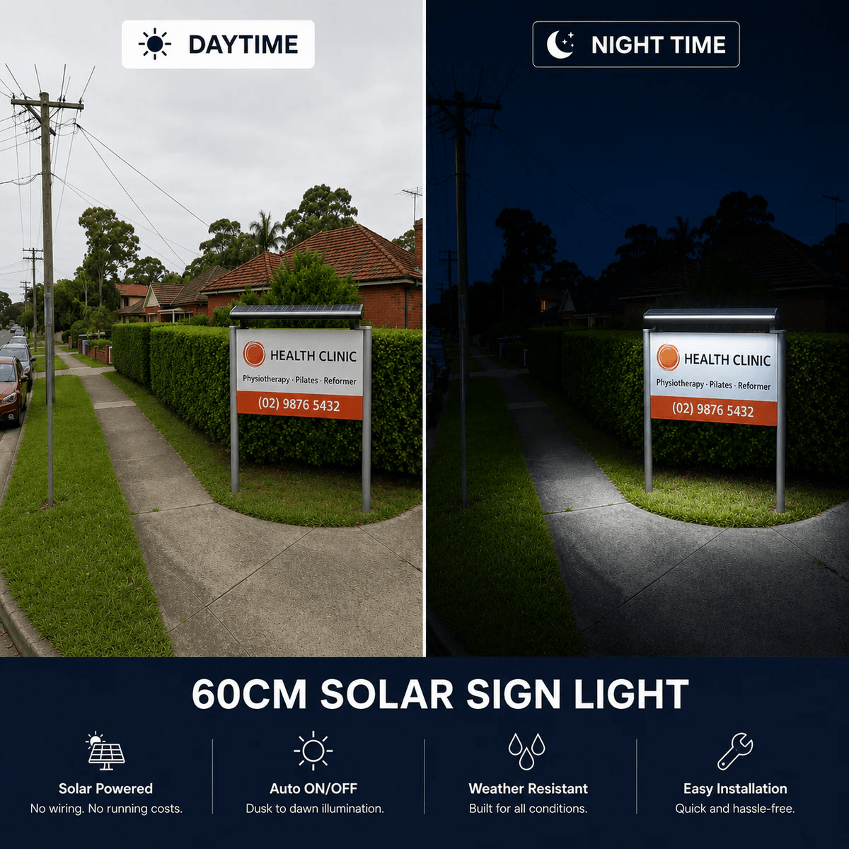 A side-by-side daytime and night-time comparison showcasing a 60cm solar billboard light providing bright dusk-to-dawn illumination on a suburban health clinic sign board.