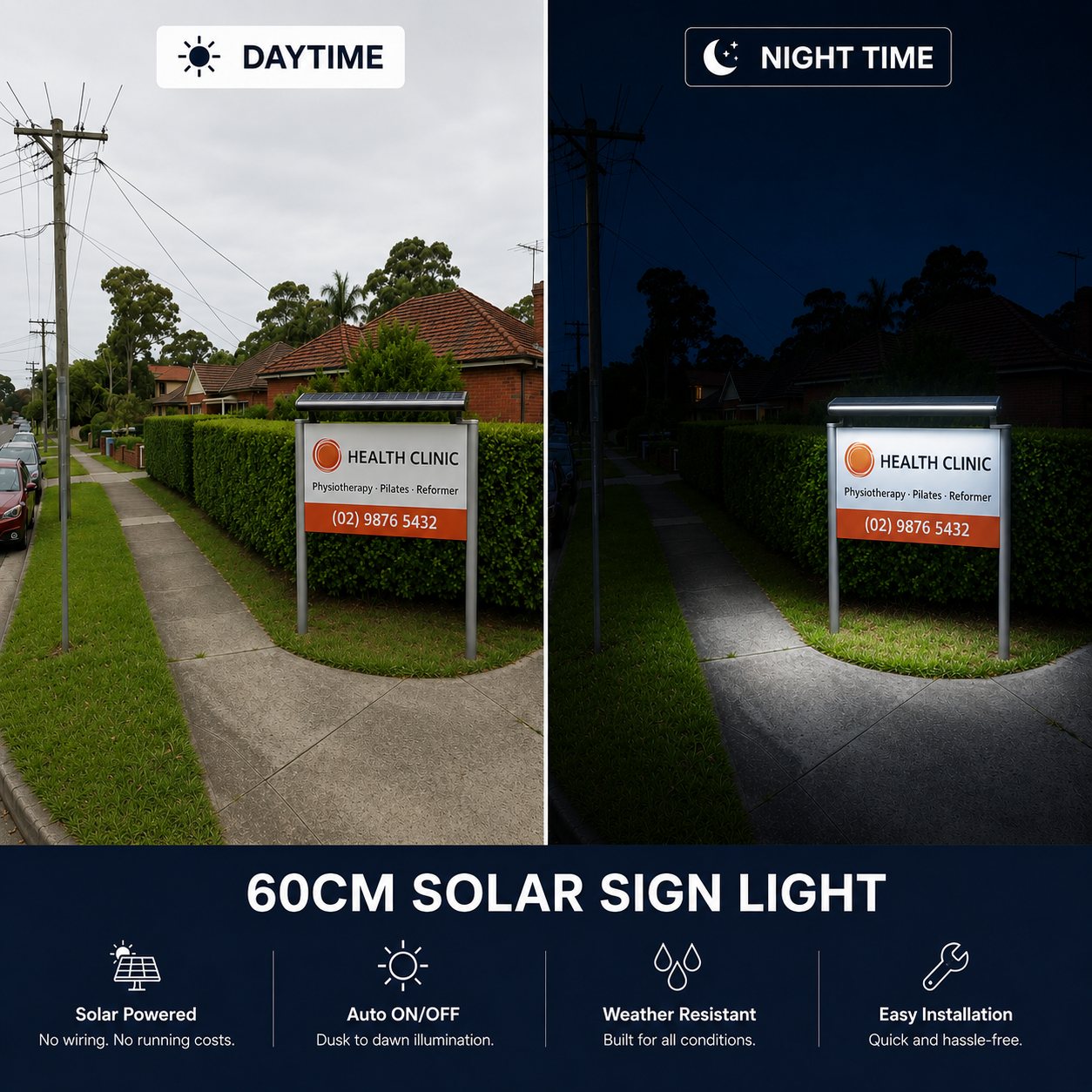 A side-by-side daytime and night-time comparison showcasing a 60cm solar billboard light providing bright dusk-to-dawn illumination on a suburban health clinic sign board.