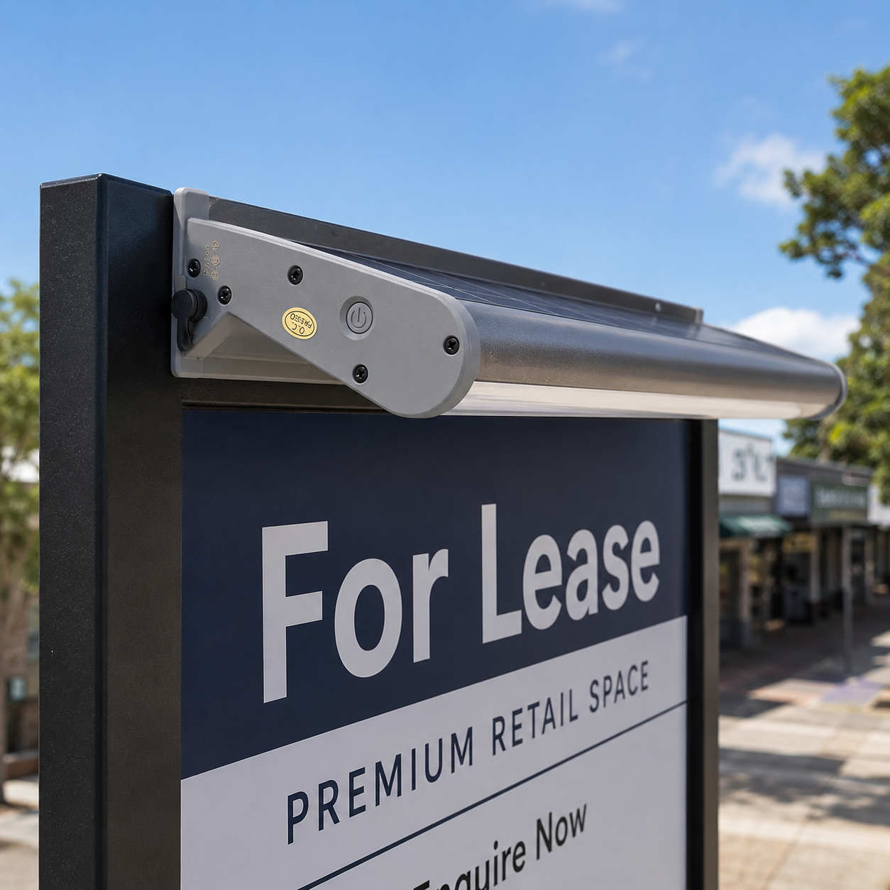 This close up shot shows a 60cm solar billboard light bar with a built in solar panel securely mounted to the top frame of a commercial for lease sign board.
