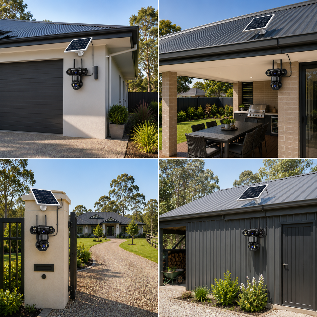 Examples of a solar security camera installed on an outdoor garage wall, an outdoor patio entertaining area, a front brick driveway gate post, and a metal farm shed wall in Australia.