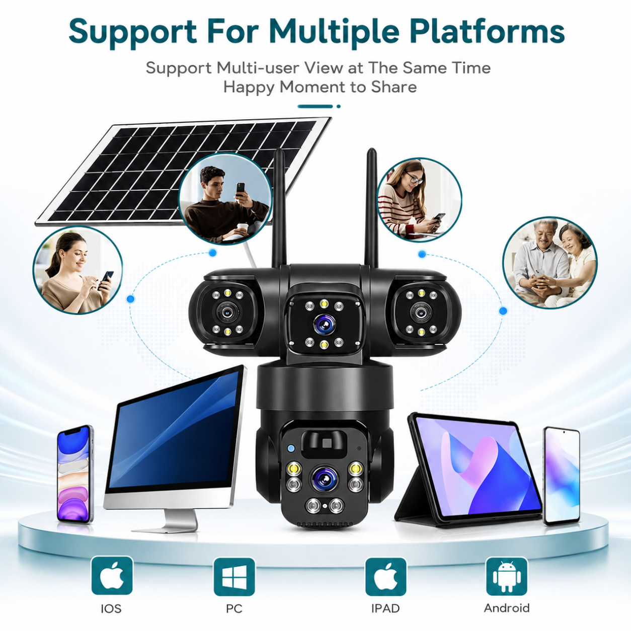 Solar CCTV camera showing multi user system compatibility for live screen sharing and remote viewing across iOS, Android, PC, and iPad devices simultaneously.