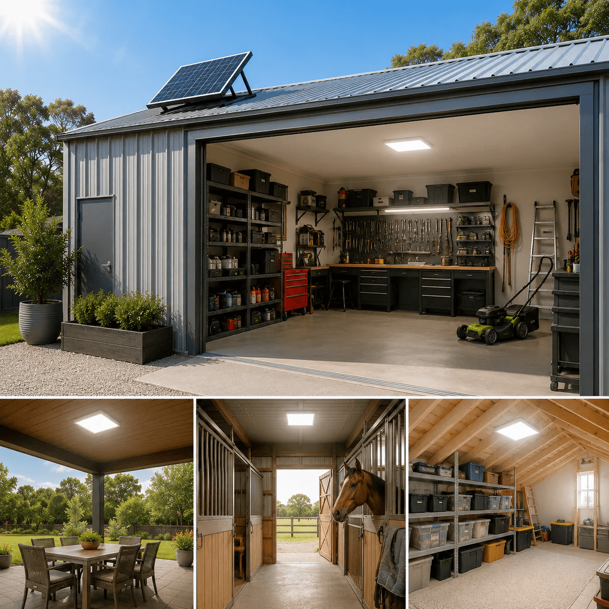 A square solar ceiling light installed across typical Australian properties, including a backyard shed workshop, outdoor patio, horse stable, and rural storage shed as a high-brightness daylighting skylight alternative.