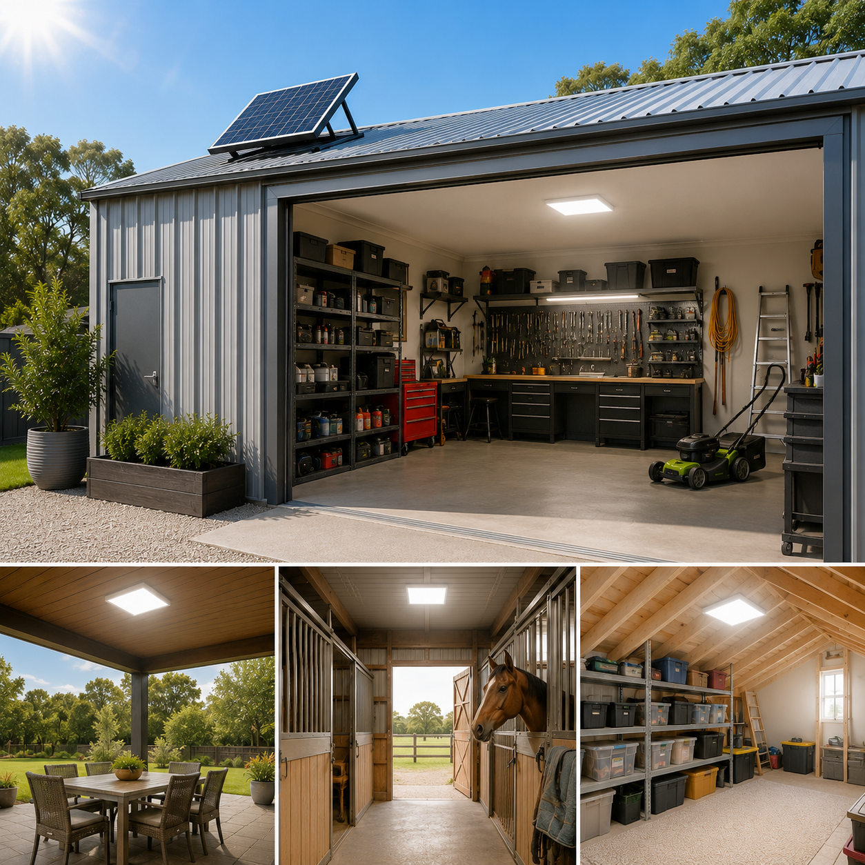 A square solar ceiling light installed across typical Australian properties, including a backyard shed workshop, outdoor patio, horse stable, and rural storage shed as a high-brightness daylighting skylight alternative.