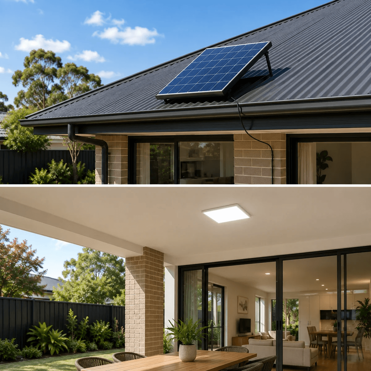 A split view showing a 40W solar panel mounted on a dark grey corrugated steel roof and the corresponding square solar ceiling light illuminating a covered outdoor patio area of an Australian home.
