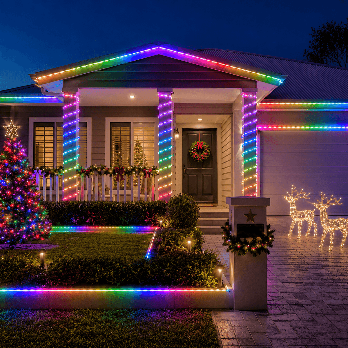 Festive solar christmas led strip lights outlining a residential house roofline, front porch pillars, and garden pathways with vibrant multi-colour RGB lighting for holiday decorations.