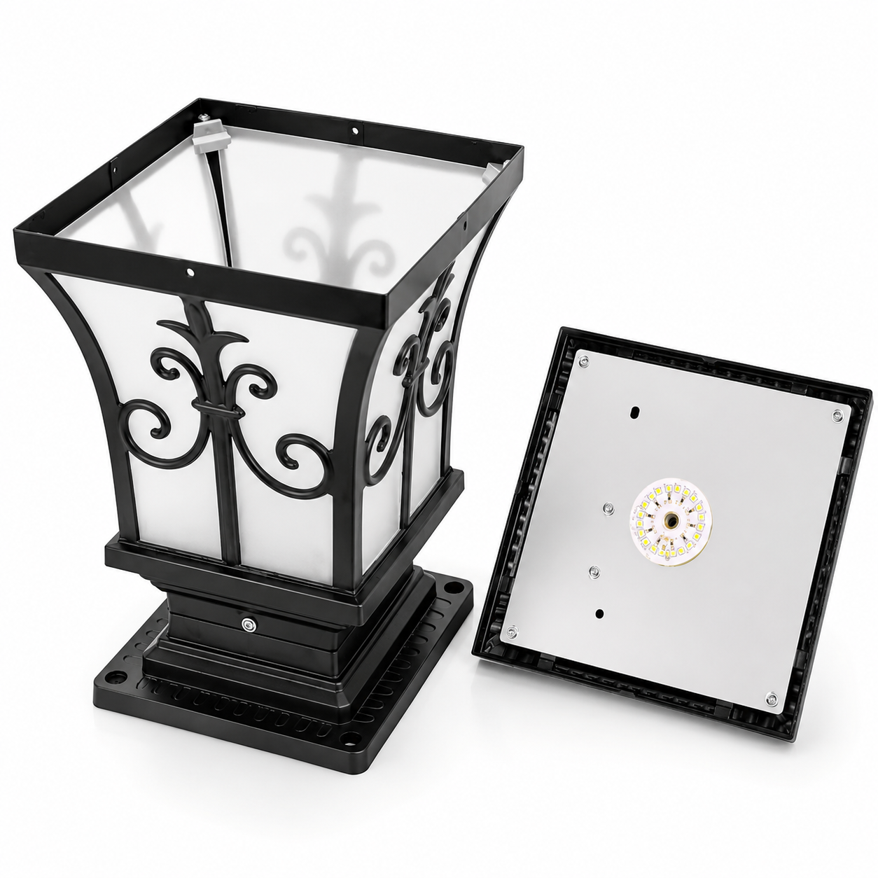 An open view of the black solar coach lamp housing with the top lid removed, displaying the internal circular solar LED light panel configuration and interior structural assembly components.