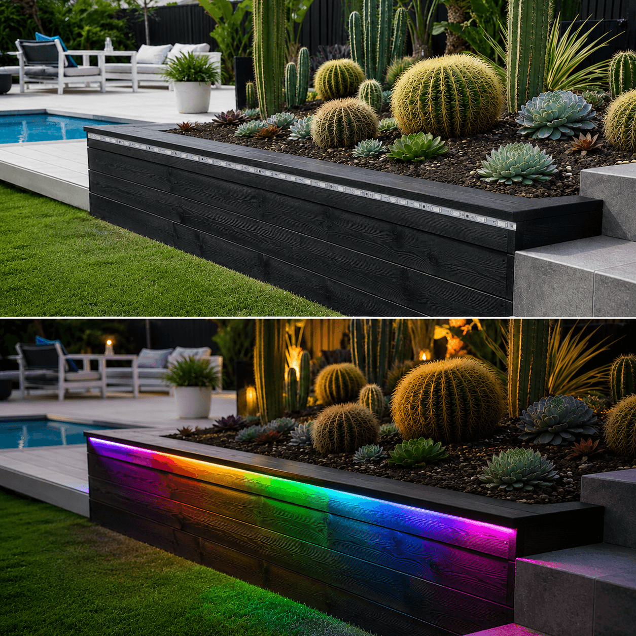 A before and after comparison of a solar colour changing LED strip installed discreetly along a black timber retaining wall next to a succulent garden and poolside terrace.