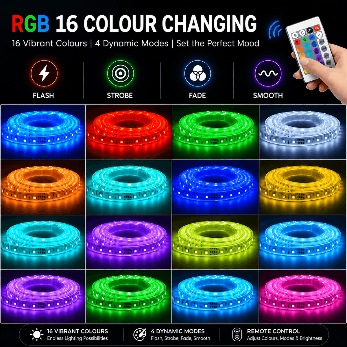 A color selection grid for the solar garden strip lights demonstrating the 16 vibrant colors and 4 dynamic settings including flash, strobe, fade, and smooth modes controlled via remote.