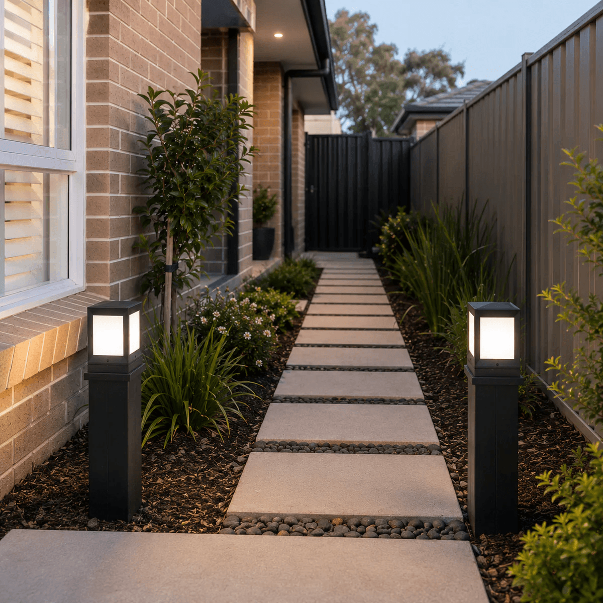 Solar cube lantern lights lining a garden pathway at dusk beside an Australian brick home with warm white LED glow and lush landscaping