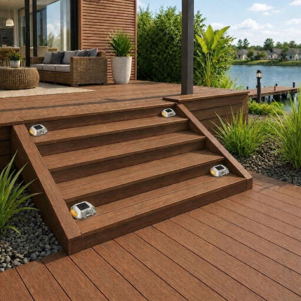 Solar deck marker lights installed on outdoor timber stairs and alfresco entertaining area steps, perfect for Australian waterfront homes and backyard decks