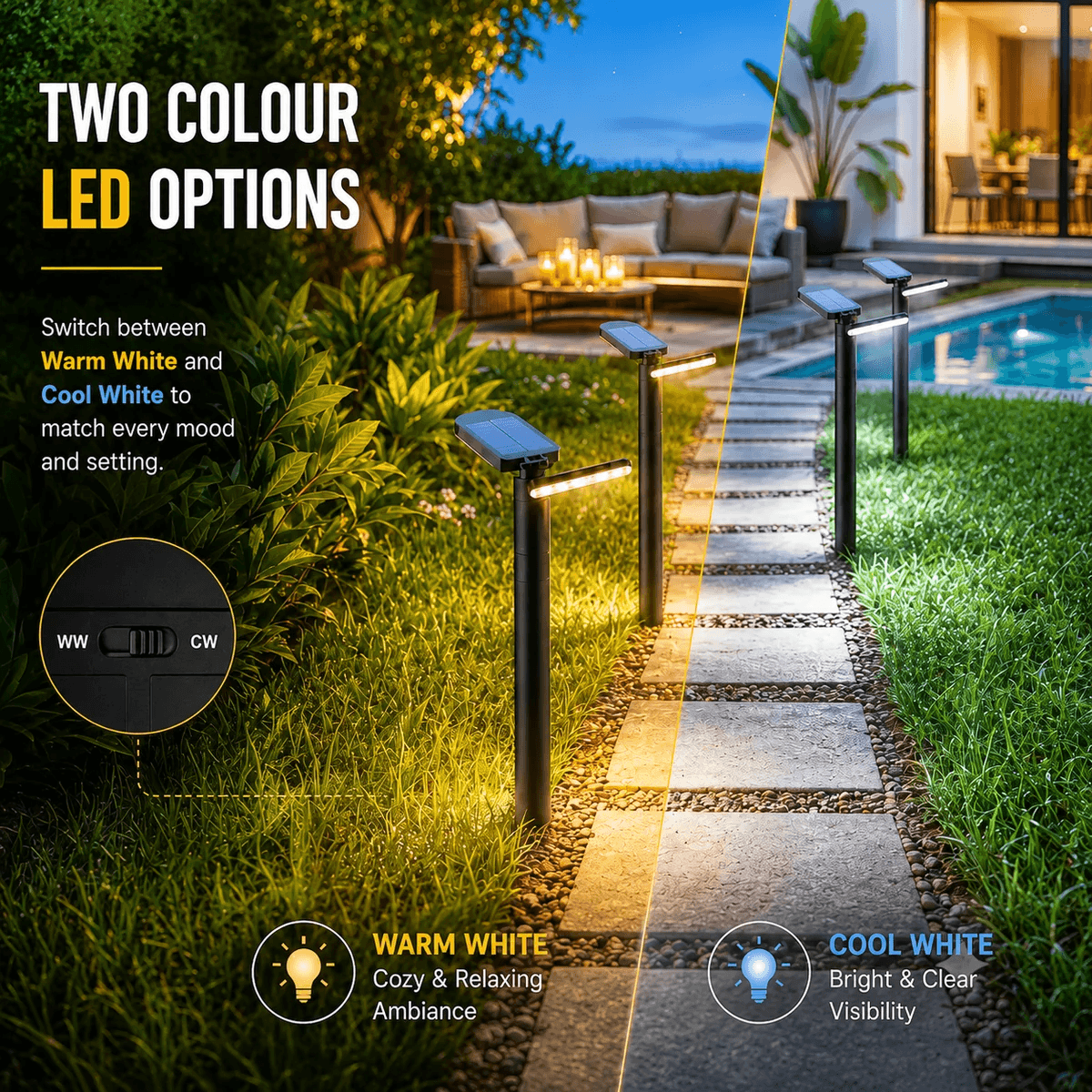 Solar driveway lights showing two colour LED options with warm white cozy ambiance and cool white bright visibility switchable for any Australian outdoor setting