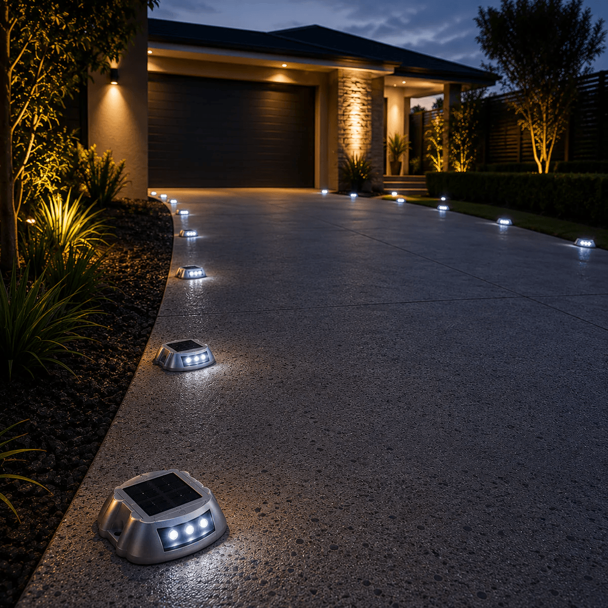 Solar driveway marker lights lining a concrete driveway at night outside a modern Australian home, with white LED ground studs illuminating the path to the garage