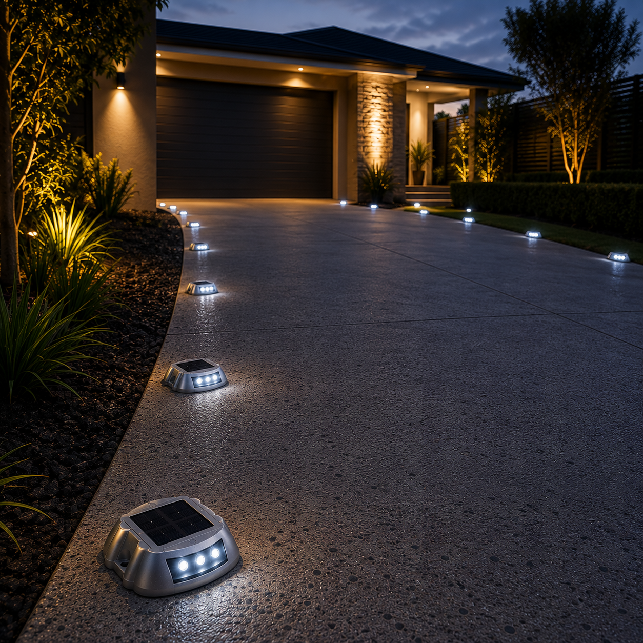 Solar driveway marker lights lining a concrete driveway at night outside a modern Australian home, with white LED ground studs illuminating the path to the garage