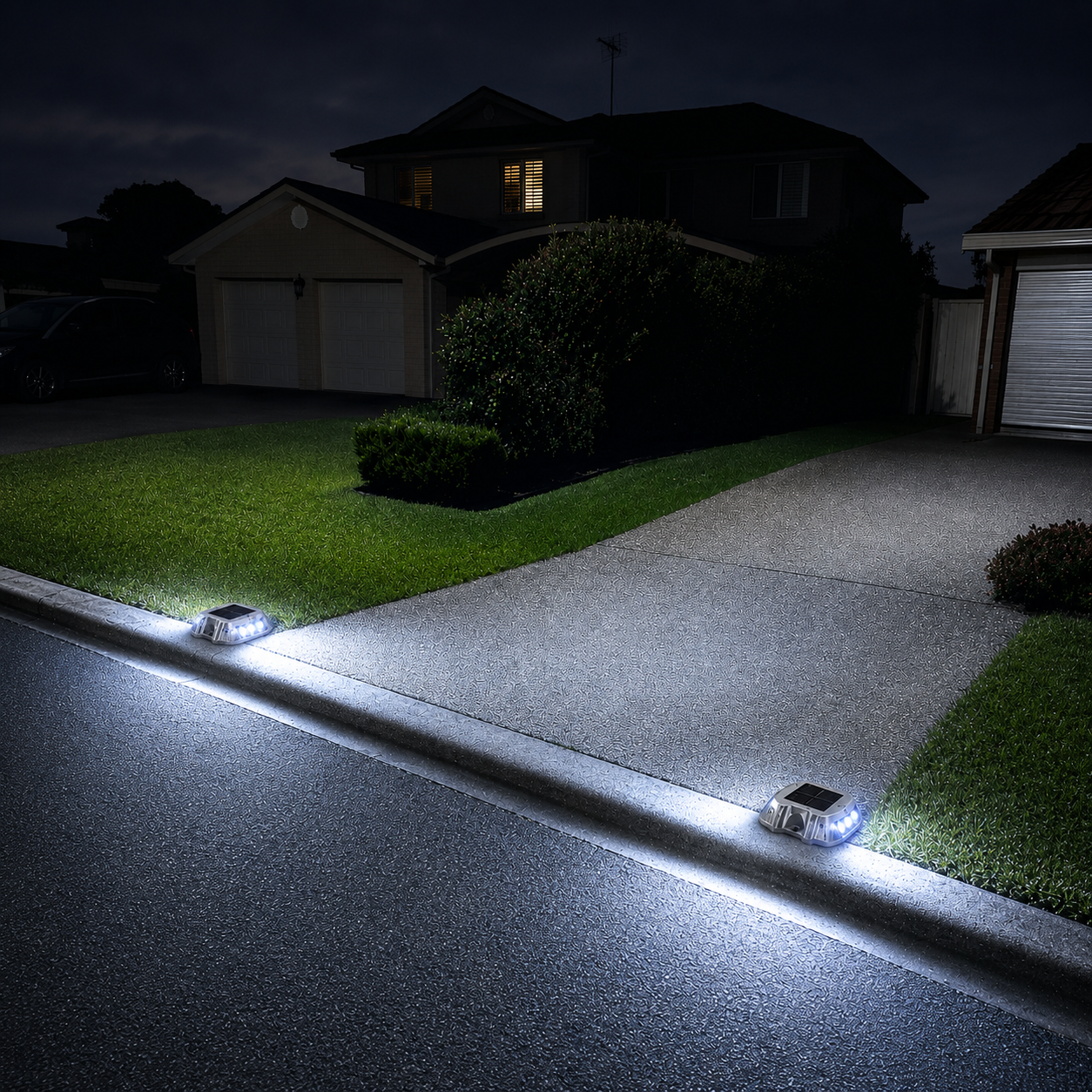 Solar driveway marker lights installed along concrete kerb at night, brightening an Australian home driveway with IP68 waterproof white LED road studs