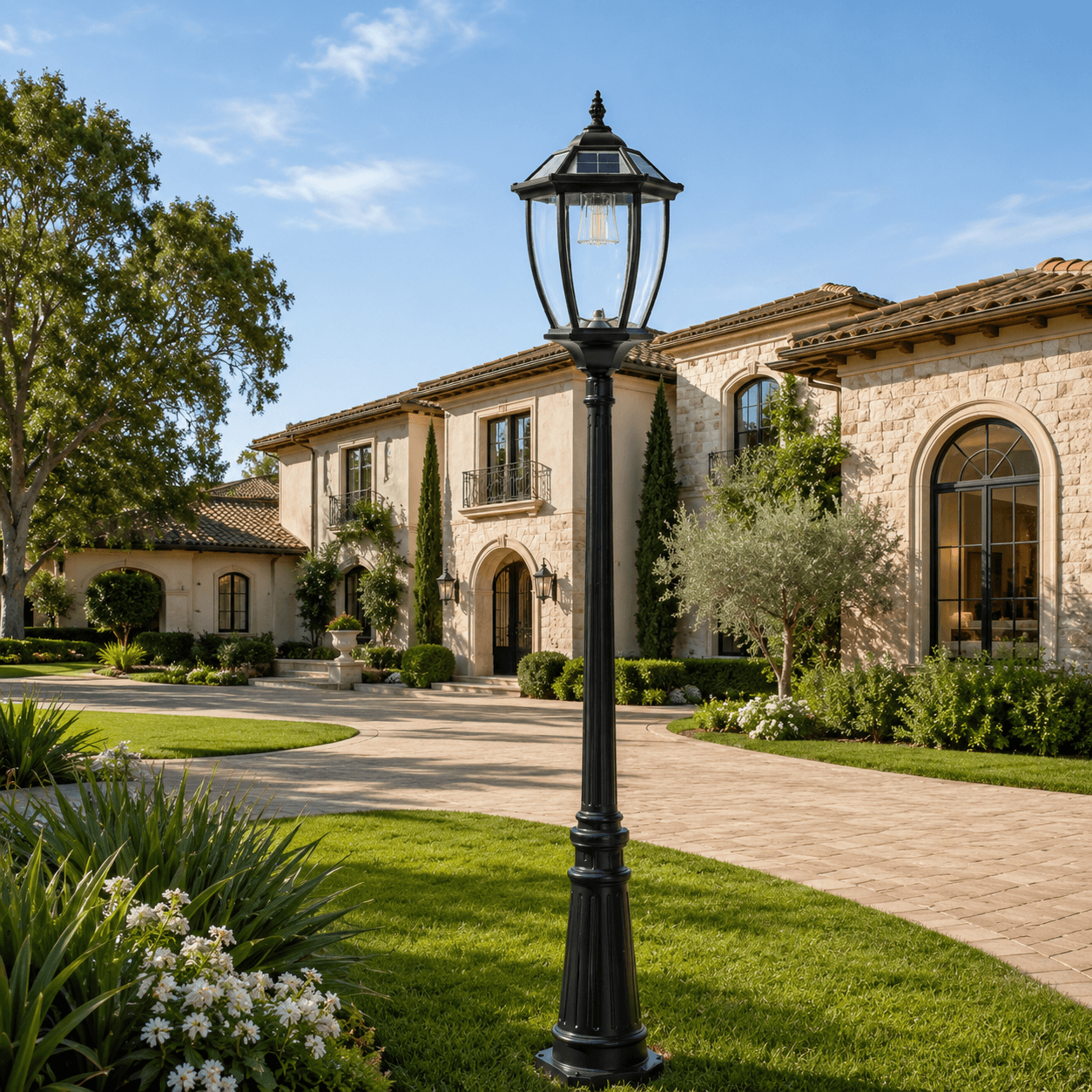 A tall black victorian solar post light standing as a premium solar driveway post light in front of a luxury home lawn entrance in Australia.