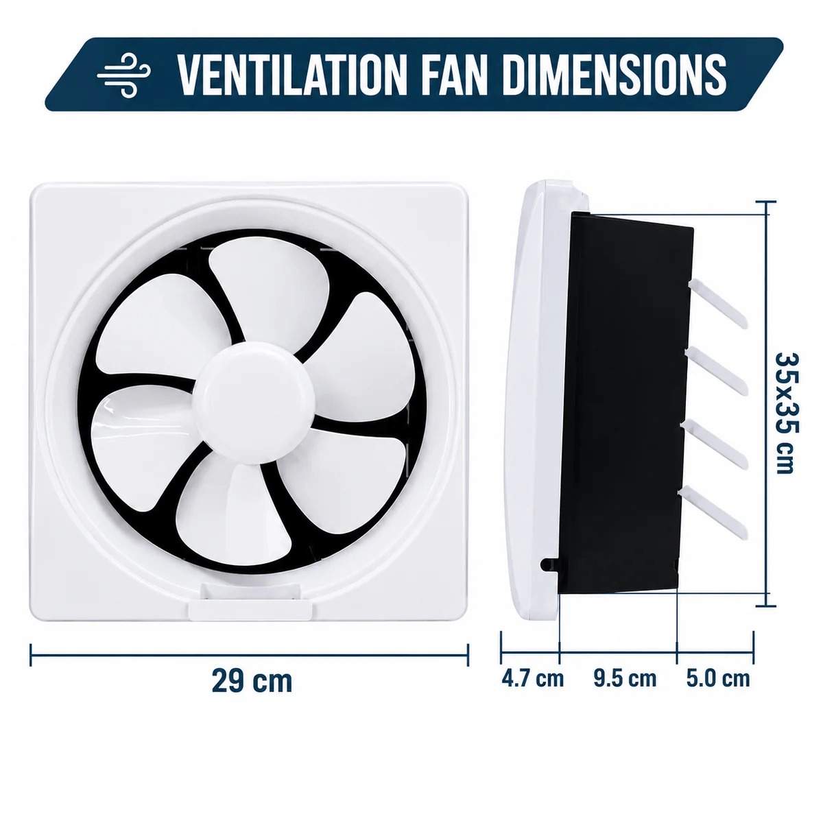 Technical dimension graphic of a wall mounted exhaust fan showing measurements of 29cm width and 35x35cm total panel size, ideal for checking installation space for a solar powered shed fan.