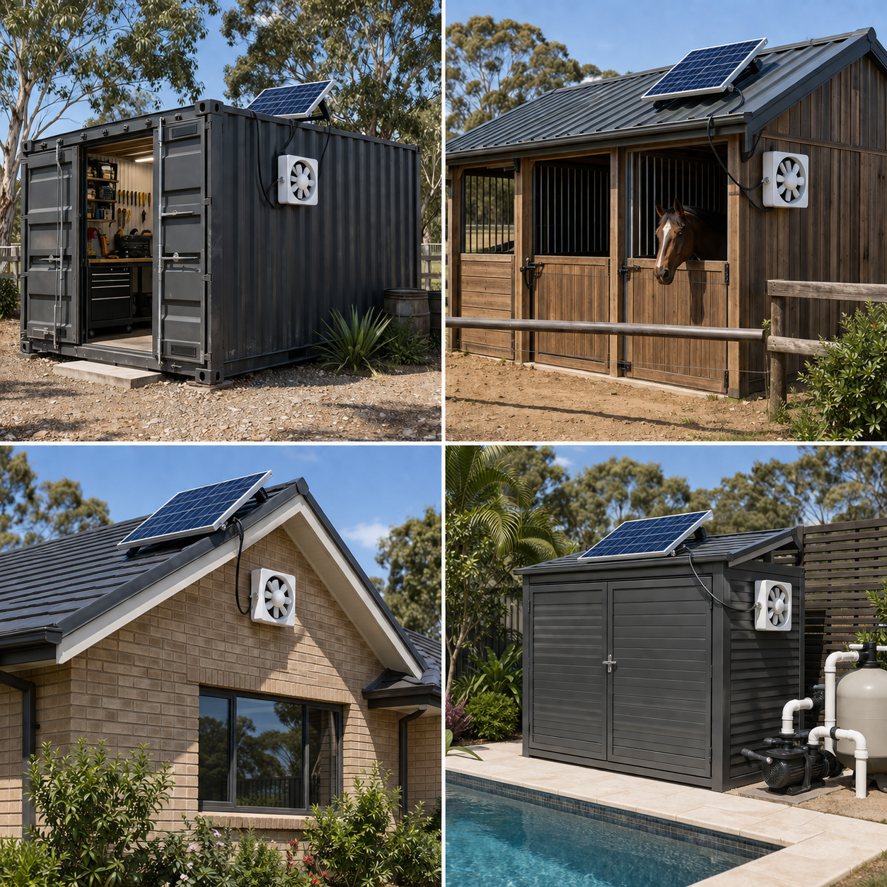A four-panel grid showing versatile installation setups including a solar powered shed fan on a shipping container, a horse stable ventilator, a roof cavity attic extractor, and a pool pump shed cooling unit under direct sunlight.