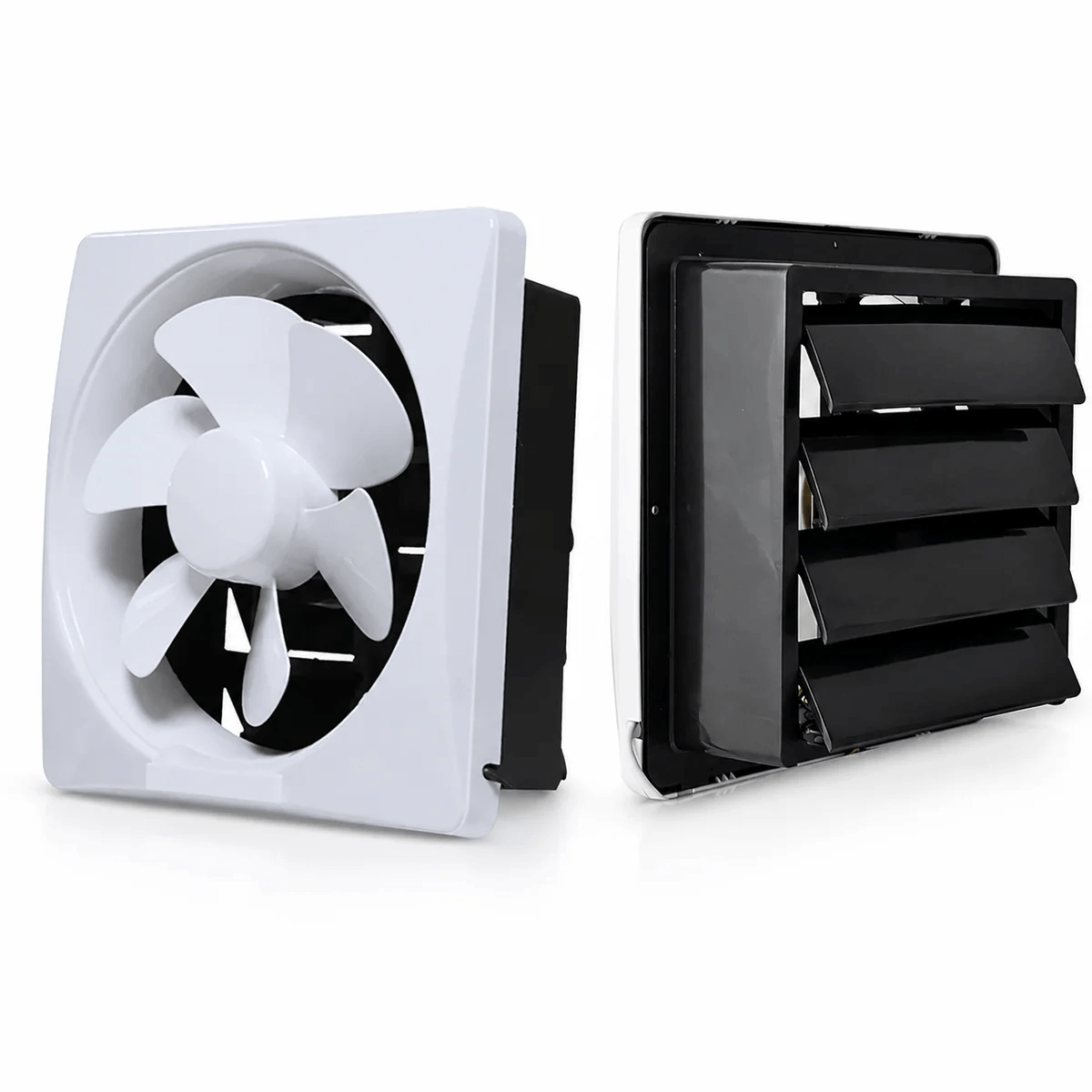 A close-up view of the white solar powered ventilation fan next to its black side profile, showing the integrated auto-shutter design that prevents dust and moisture from entering.