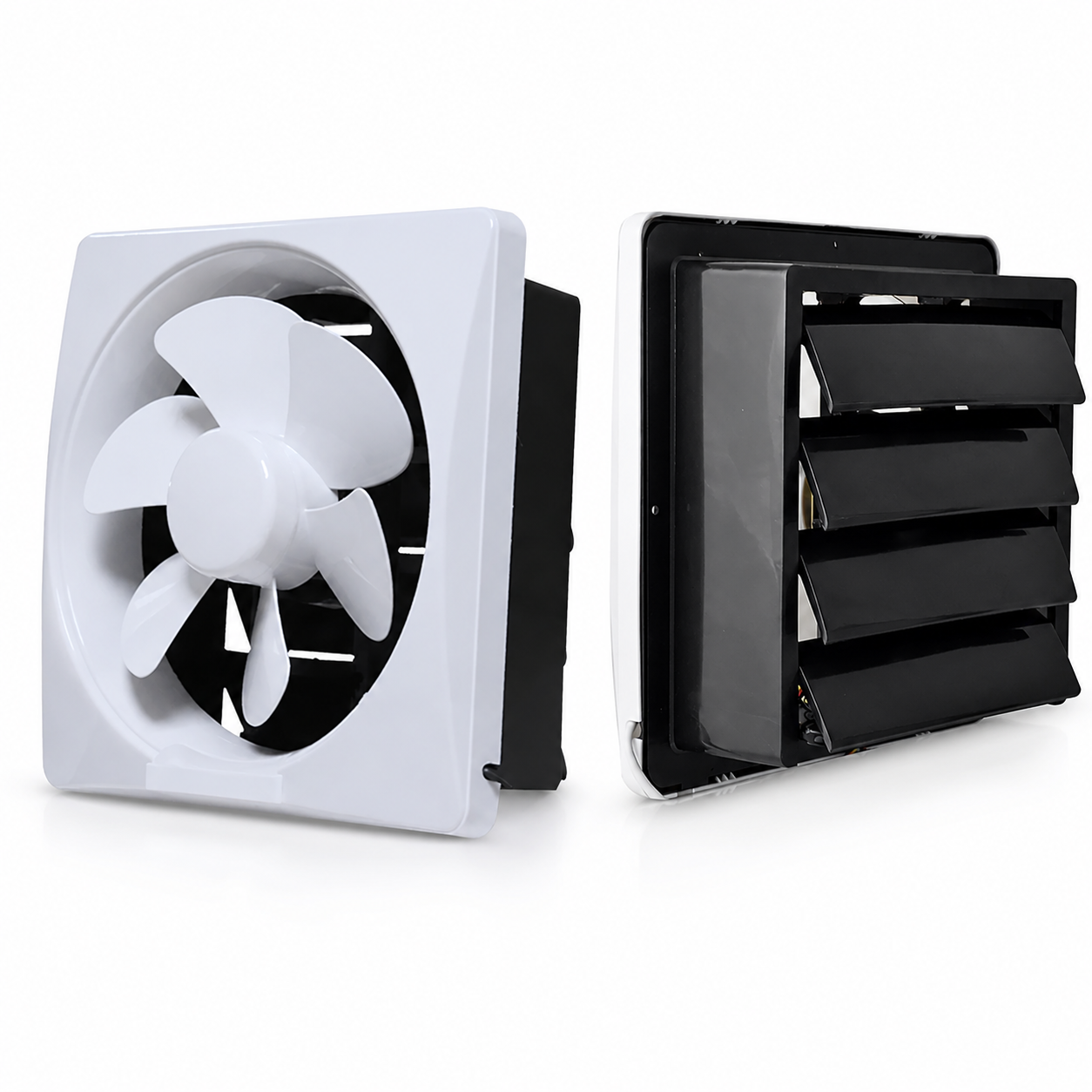 A close-up view of the white solar powered ventilation fan next to its black side profile, showing the integrated auto-shutter design that prevents dust and moisture from entering.