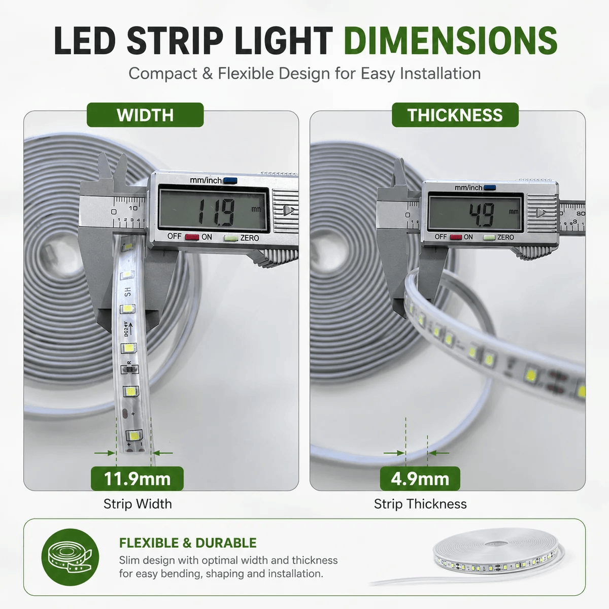 Detailed dimensions chart for the flexible solar fairy lights outdoor showing a digital caliper measurement of 11.9mm strip width and 4.9mm strip thickness.
