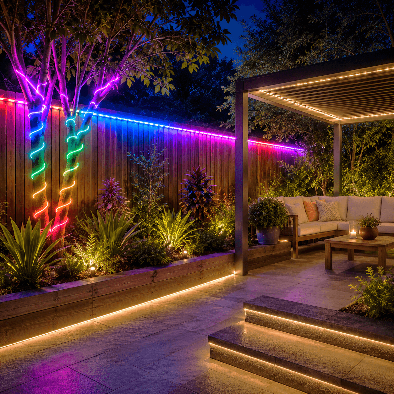 Vibrant multi-colour solar fairy lights outdoor wrapped around tree trunks and lining a wooden privacy fence next to an illuminated patio pergola seating area.