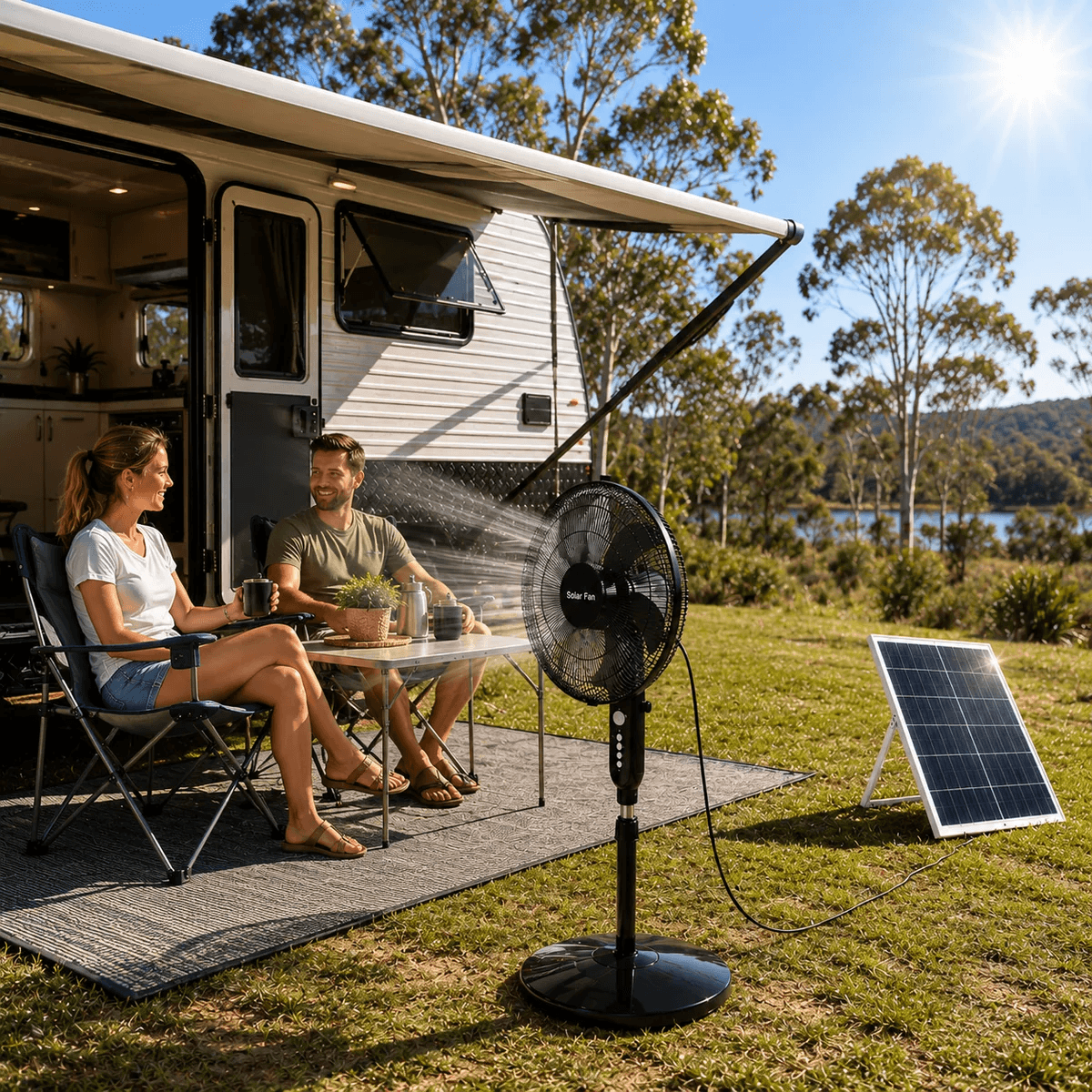A black solar fan for camping cooling an Australian couple relaxing outside their caravan at a campsite, with the solar panel charging under the sun.
