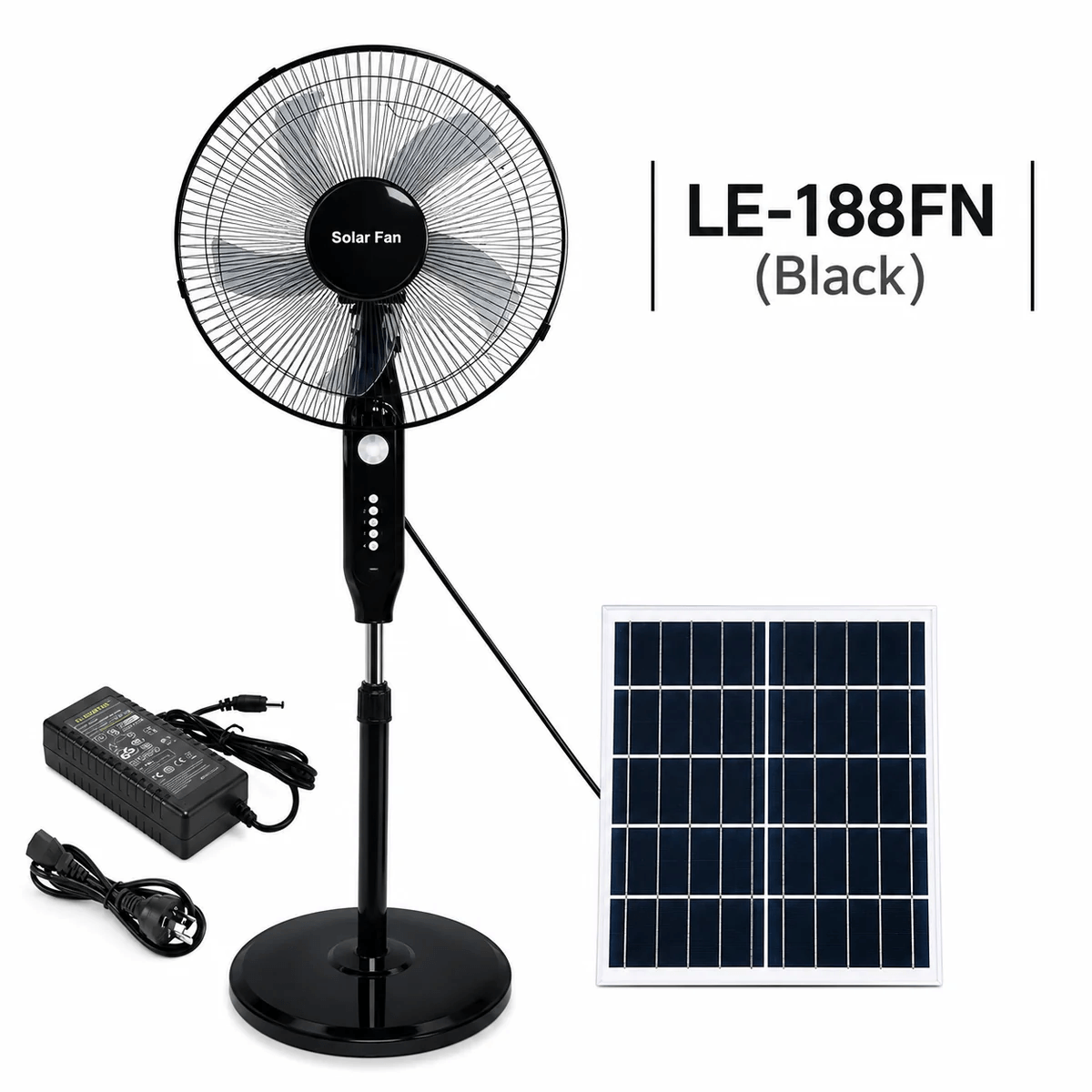 The black LE-188FN solar fan with battery and AC adapter components arranged against a white backdrop, including the pedestal fan unit and its corded solar panel charger.