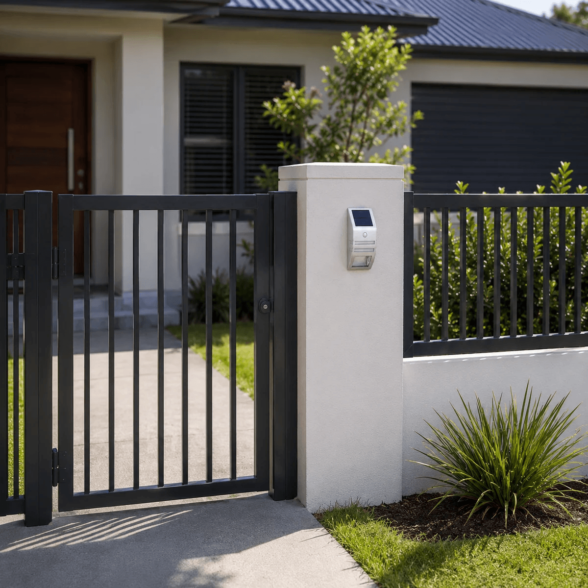 Stainless steel solar fence light mounted on a white concrete pillar next to a modern front entryway gate.