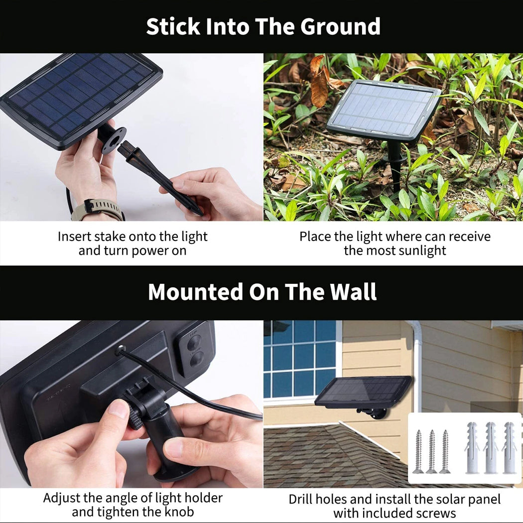 Step by step instructions for solar festoon lights outdoor showing how to attach the garden ground stake or screw mount the panel onto a brick wall under the Australian sun
