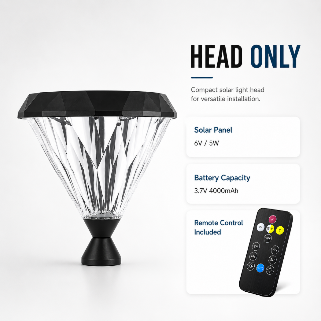 Compact solar flat top lantern head only variant featuring a monocrystalline solar panel, large battery capacity, and smart remote control for versatile outdoor mounting.