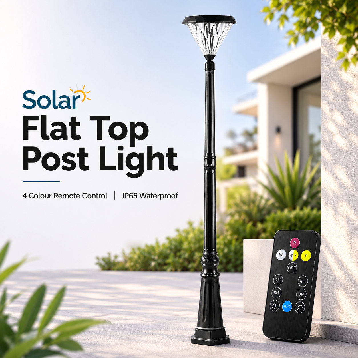 Sleek flat top post light in matte black featuring 4 colour smart remote control and ip65 waterproof rating for australian homes.